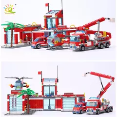 Imagem do Huiqibao 774 pçs cidade posto de bombeiros modelo blocos de construção meninos bombeiro caminhão educacional tijolos de construção brinquedos para crianças