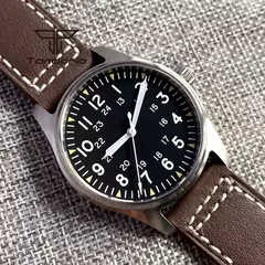 Relógios piloto de mergulho automático Tandorio para homens, vidro safira, mostrador luminoso verde, pulseira de couro, coroa de parafuso, NH35A, 20Bar, 39mm - loja online