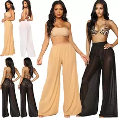 Mulheres Ver Através Boho Perna Larga Calças de Cintura Alta, Praia Longa Solta Malha Calças Pura, Bikini Bottom Cover-Up Beachwear - comprar online