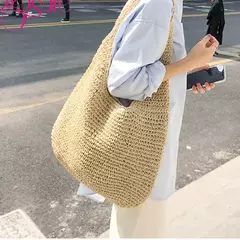 Imagem do Gusure casual palha sacos de ombro das mulheres de vime tecido senhoras bolsas artesanais praia verão grandes totes saco bohemia