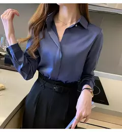Blusa feminina de cetim de seda manga longa, camisa feminina, tops básicos, roupas femininas OL, moda feminina, 2023 na internet