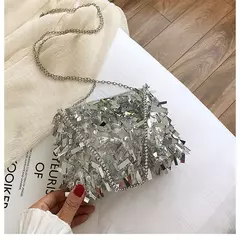 Lantejoula prata strass borla sacos de ombro para mulheres, bolsa pequena cadeia, embreagem elegante senhoras festa noite, moda luxo design