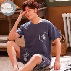 Conjunto pijama masculino de malha de algodão, conjunto de pijamas manga curta, terno letra, Homewear masculino, tamanho XL a XXL, verão
