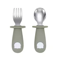 Bebê alimentação sólida colher e garfo conjunto, sem BPA, alça de silicone, urso dos desenhos animados, utensílio inoxidável, talheres infantis, novo design na internet