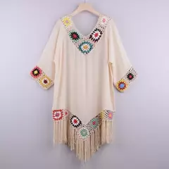 CROCHET BIKINI-Cobertura de biquíni branco com franjas para mulheres, túnica oca sexy, vestido de praia, roupa de banho de verão, praia na internet