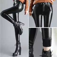 Calça feminina de couro estica, calça casual de veludo inverno, perneira de lápis feminina grossa quente, cintura alta, outono - Wolf Magazine