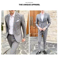 Conjunto de vestido de noiva xadrez slim fit masculino, blazers, jaqueta, calças, calças, casaco, terno, design estilo masculino, moda, 2 peças - loja online