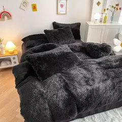 Conjunto de cama luxuoso preto macio, capa de edredão Shaggy, 2 fronhas, zíper, veludo macio, 3pcs - Wolf Magazine