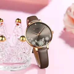 Imagem do Curren-Relógios de pulso quartzo de couro de luxo feminino, marca relógio para senhoras, charme relógio mostrador flores