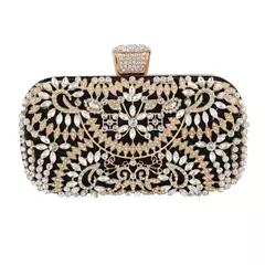 Embreagem noite diamante para mulheres, mini bolsa dourada, bolsa de ombro corrente, pequena oca flores de cristal, bolsa para festa de casamento