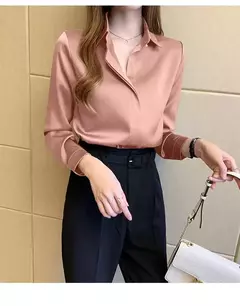Blusa feminina de cetim de seda manga longa, camisa feminina, tops básicos, roupas femininas OL, moda feminina, 2023 - comprar online