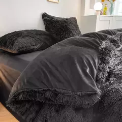 Conjunto de cama luxuoso preto macio, capa de edredão Shaggy, 2 fronhas, zíper, veludo macio, 3pcs - loja online