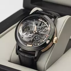 OBLVLO Luxo Retrô Casual Masculino Esqueleto Automático Relógios Mecânico Pulseira Pele de Bezerro Vidro Cristal Mineral Mostrador À Prova D' Água 45 VM - loja online