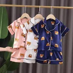 Conjuntos de pijama de urso de meninos e meninas, pijamas infantis, roupas de dormir do bebê, camiseta de manga curta, tops com calças