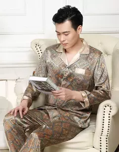 Imagem do Conjunto de pijama de seda fino masculino, manga comprida e calça curta, pijama, calça para dormir