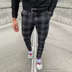 Calça xadrez casual masculina, calça stretch social, cintura média, magro, escritório de negócios, trabalhando, festa, terno masculino, outono, verão - loja online