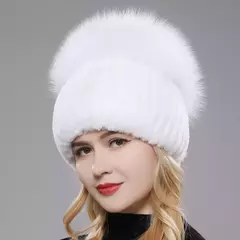 Imagem do Real Genuine Fox Fur Gorros Chapéu para Mulheres, Pele de Coelho Rex Natural Boné de Caveira, Chapéus de malha para meninas, inverno, estilo russo, novo