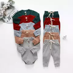 Conjunto de bodysuits de manga comprida e calças elásticas para bebé, com nervuras, xadrez, roupa sólida, infantil, recém-nascido, menina, menino, primavera, outono, 2 peças - loja online