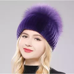 Imagem do Real Genuine Fox Fur Gorros Chapéu para Mulheres, Pele de Coelho Rex Natural Boné de Caveira, Chapéus de malha para meninas, inverno, estilo russo, novo