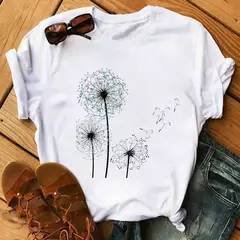 Maycaur-camiseta estampada dente-de-leão fofa para mulheres, camiseta estampada gráfica dos desenhos animados, camisa branca casual para senhoras, camiseta nova e engraçada na internet