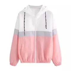 Jaqueta corta-vento com capuz feminino, bloco de cor elegante, patchwork, jaqueta bomber com zíper, casaco casual, impermeável, Casacos outonos, moda