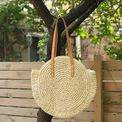 Bolsa de ombro redonda de palha de verão, bolsa de mão feminina de grande capacidade, artesanal, bolsas de praia de vime da moda, bolsa de mão, férias
