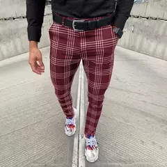 Imagem do Calça xadrez casual masculina, calça stretch social, cintura média, magro, escritório de negócios, trabalhando, festa, terno masculino, outono, verão