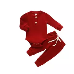 Conjunto de bodysuits de manga comprida e calças elásticas para bebé, com nervuras, xadrez, roupa sólida, infantil, recém-nascido, menina, menino, primavera, outono, 2 peças - Wolf Magazine