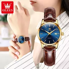 OLEVS-Relógio de quartzo de couro impermeável feminino, relógio de pulso respirável, marca top, luxo