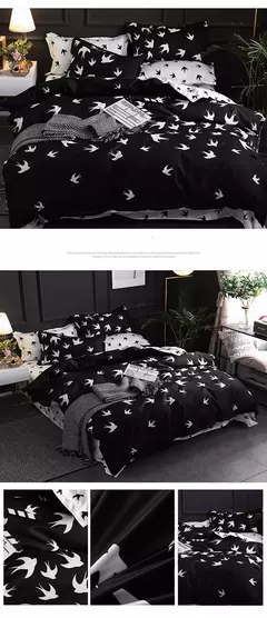 Conjunto de cama preto luxuoso, roupa de cama de poliéster, capa de edredão, manta de pássaro, anime com fronha king size, tamanho completo, moderno
