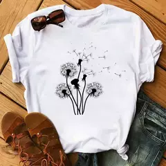 Imagem do Maycaur-camiseta estampada dente-de-leão fofa para mulheres, camiseta estampada gráfica dos desenhos animados, camisa branca casual para senhoras, camiseta nova e engraçada