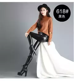Calça feminina de couro estica, calça casual de veludo inverno, perneira de lápis feminina grossa quente, cintura alta, outono - comprar online