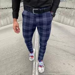 Calça xadrez casual masculina, calça stretch social, cintura média, magro, escritório de negócios, trabalhando, festa, terno masculino, outono, verão - Wolf Magazine