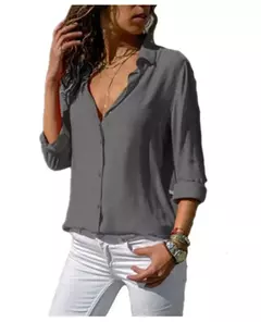 Blusa elegante de manga comprida feminina, com decote em v sólido, camisas femininas de trabalho, tops grandes, primavera e verão, 2023 - Wolf Magazine