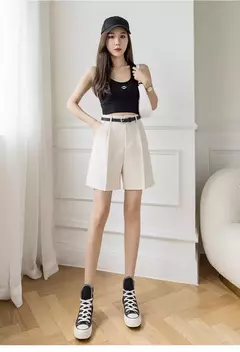 Shorts de salto com zíper, shorts da moda para mulheres, de high street, com cortina, casual, cor sólida, com cintura alta, para escritório, verão e com cinto na internet