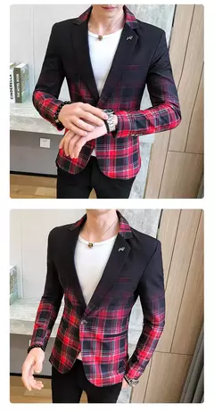 Jaqueta de terno casual xadrez masculina, baile masculino, blazer social, casaco fino, roupa de anfitrião, moda boutique