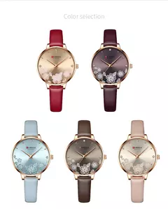 Curren-Relógios de pulso quartzo de couro de luxo feminino, marca relógio para senhoras, charme relógio mostrador flores