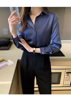 Blusa feminina de cetim de seda manga longa, camisa feminina, tops básicos, roupas femininas OL, moda feminina, 2023 - loja online