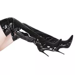 Sexy espelho prateado coxa botas altas para mulheres, T Show Pointy Toe, sapatos de festa do clube, saltos altos finos, botas longas sobre o joelho - loja online