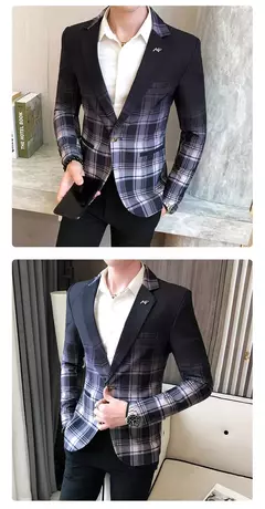 Jaqueta de terno casual xadrez masculina, baile masculino, blazer social, casaco fino, roupa de anfitrião, moda boutique