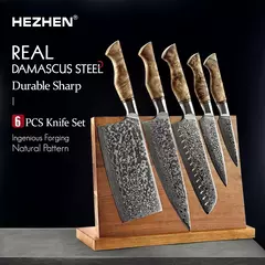 Hezhen 5 a 6pc conjunto de faca cozinha profissional damasco super aço chef paring santoku afiada cozinhar cozinha com suporte magnético