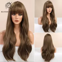 Peruca loira de unicórnio, cabelo sintético, longo, ondulado, raiz marrom, ombre, platina, natural, com franja, fibra resistente ao calor - Wolf Magazine
