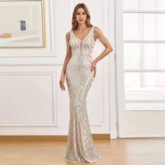 Imagem do YIDINGZS-Vestido Maxi Decote V feminino, Lantejoula prateada, Beading, Festa noturna, Sexy