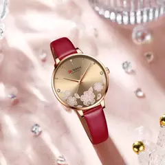 Curren-Relógios de pulso quartzo de couro de luxo feminino, marca relógio para senhoras, charme relógio mostrador flores - loja online