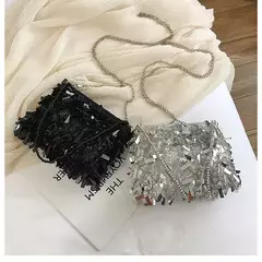 Lantejoula prata strass borla sacos de ombro para mulheres, bolsa pequena cadeia, embreagem elegante senhoras festa noite, moda luxo design - Wolf Magazine