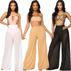 Mulheres Ver Através Boho Perna Larga Calças de Cintura Alta, Praia Longa Solta Malha Calças Pura, Bikini Bottom Cover-Up Beachwear - loja online