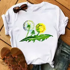Maycaur-camiseta estampada dente-de-leão fofa para mulheres, camiseta estampada gráfica dos desenhos animados, camisa branca casual para senhoras, camiseta nova e engraçada - loja online