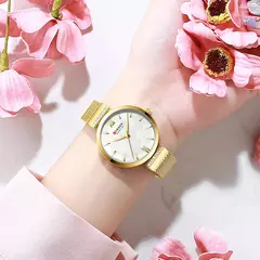CURREN-Relógio de quartzo em aço inoxidável feminino, bracelete elegante, relógio feminino, vestido feminino, moda luxuosa, dourado - Wolf Magazine