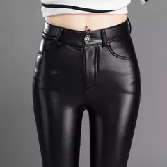 Calça feminina de couro estica, calça casual de veludo inverno, perneira de lápis feminina grossa quente, cintura alta, outono - comprar online