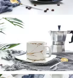 Xícaras preto e branco em mármore asiático-japonês, caixas, pires, xícaras, copos, café, xícaras na internet